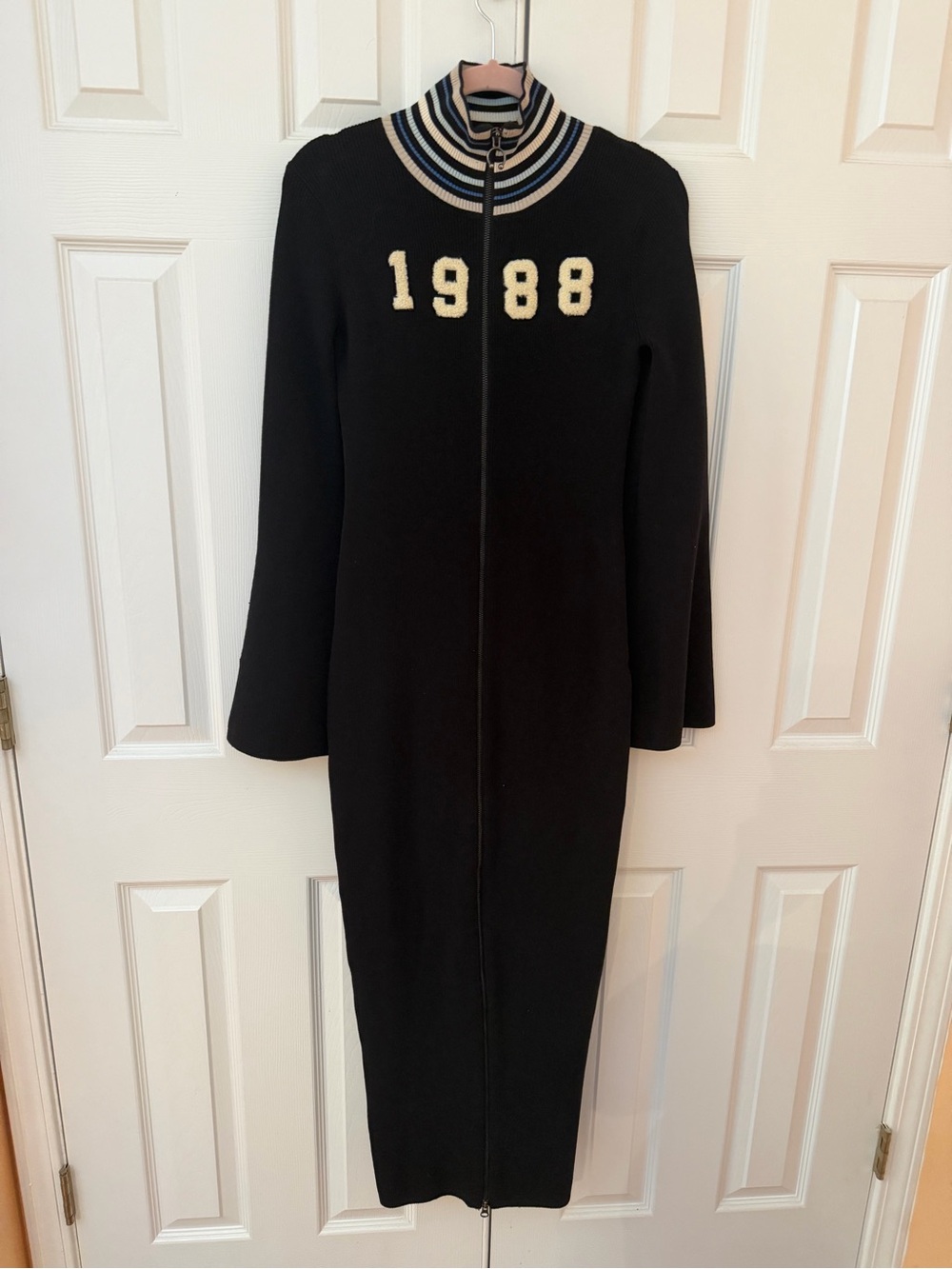 Puma Black Maxi Zip Dress with Cream '1988' Appliqué and Navy-Striped Collar